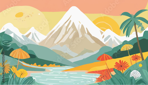 Abstract Colorful Mountain Landscape Illustration A vibrant abstract illustration of a mountain landscape with a river  under a warm sunset sky. 