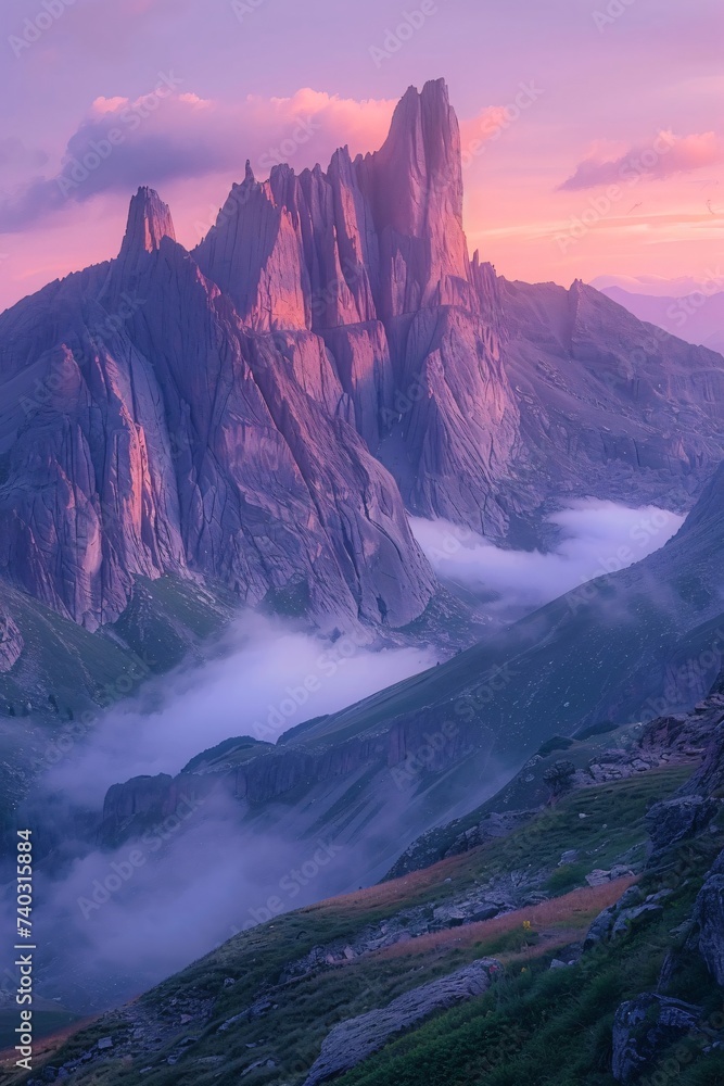 Jagged mountain peaks bathed in soft pink light, valleys shrouded in morning mist - obrazy, fototapety, plakaty 