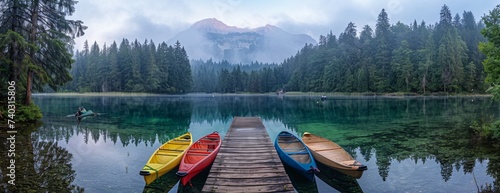Colorful canoes rest on calm lake, misty forest backdrop and mountain beyond
