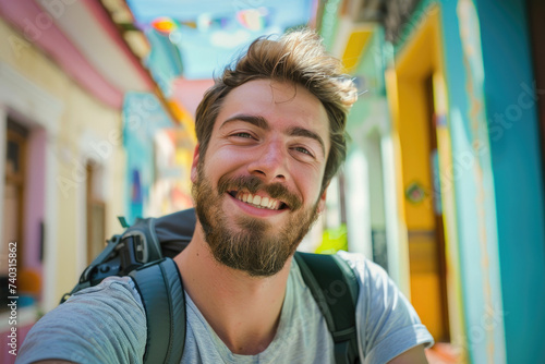 A happy guy is taking selfi...