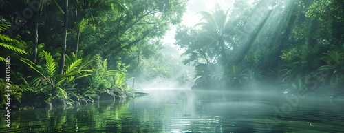Lush jungle rays of light piercing through foliage onto calm  misty waterway