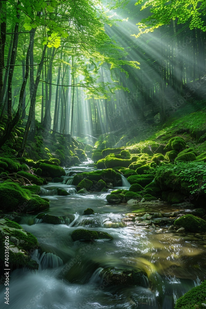 Forest creek at dawn, sunbeams spotlighting smooth rocks and flowing water, lush green vegetation - obrazy, fototapety, plakaty 