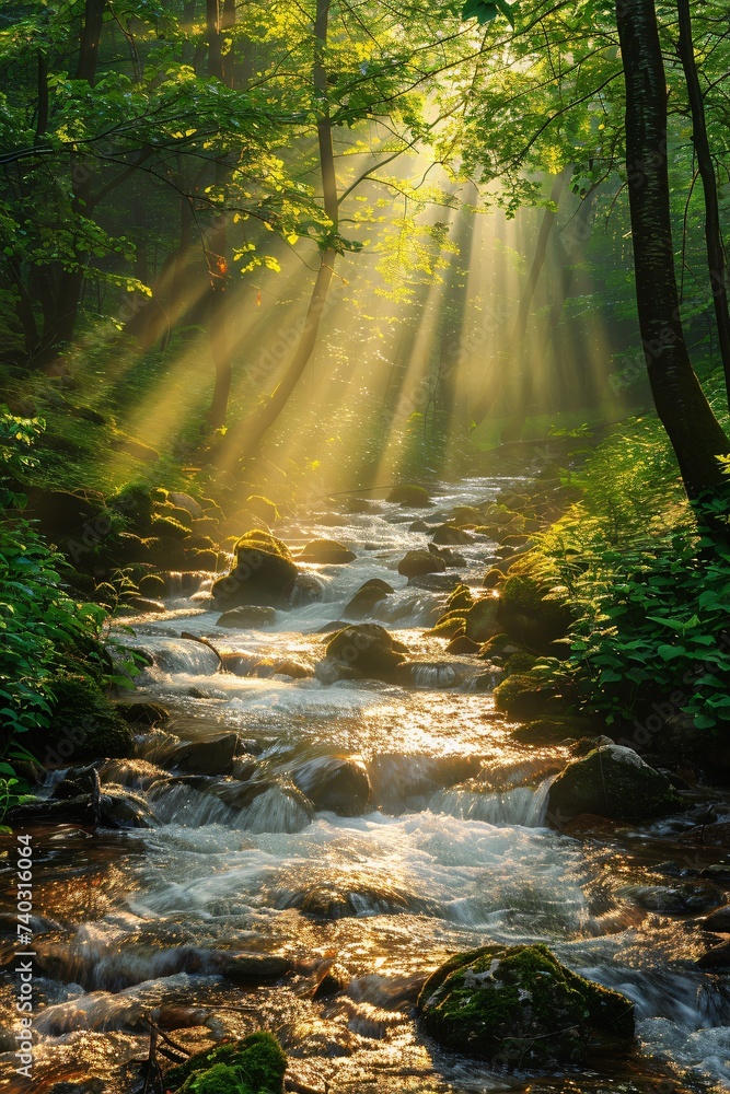 Sunbeams pierce canopy above rocky stream in dense forest, gentle rapids and verdant foliage