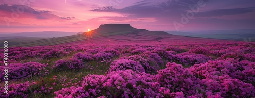 Vast expanse of pink heather, setting sun casting warm glow over hills