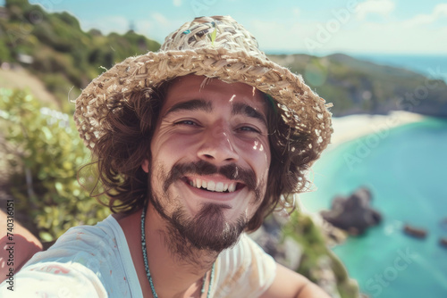 A happy guy is taking selfi...