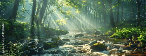 Rays of sunshine stream through forest canopy  spotlighting rocky creek lush green plants and trees along banks