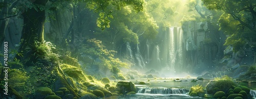 Serene waterfall in sunlit enchanted forest, rays of light creating tranquil and mystical atmosphere