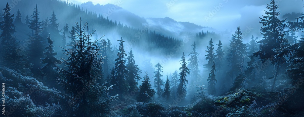 Dense forest shrouded in mist, tall fir trees creating serene and mysterious atmosphere - obrazy, fototapety, plakaty 