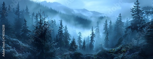 Dense forest shrouded in mist, tall fir trees creating serene and mysterious atmosphere photo