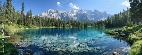 Serene lake crystal-clear waters on dense forests and jagged peaks background, wide panoramic view