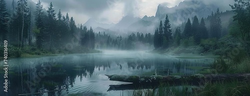 Mystical foggy pond in dense forest, fallen log in water and mountains barely visible