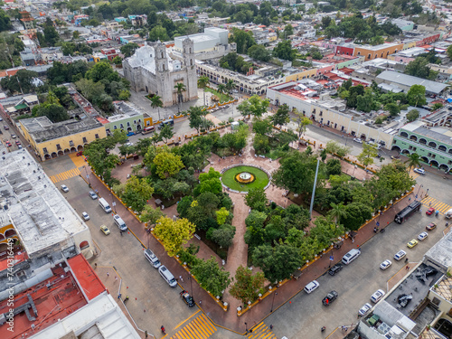 Mexico, Valladolid, Traditional mexican town with beautiful park and church from areal view