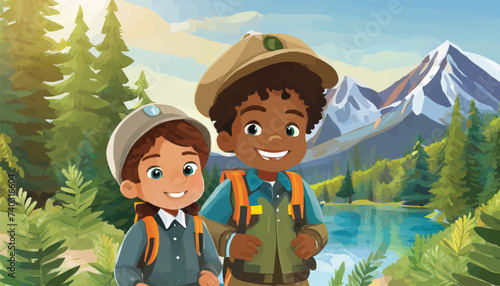 Animated Young Explorers on Mountain Adventure
Two animated characters enjoying a cheerful adventure in a stunning mountainous forest landscape.
