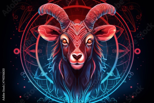 Glowing red capricorn zodiac sign on black background in modern vector style, futuristic concept.