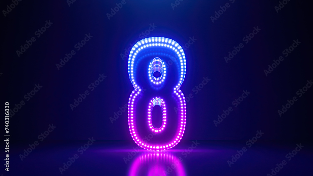 3d render, abstract number eight glowing in the dark with pink blue neon light. Digital symbol 8 3d render, abstract number eight glowing in the dark with pink blue neon light. Digital symbol 8