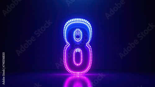 3d render, abstract number eight glowing in the dark with pink blue neon light. Digital symbol 8