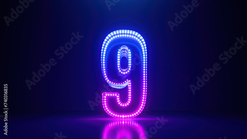 3d render, abstract number nine glowing in the dark with pink blue neon light. Digital symbol 9