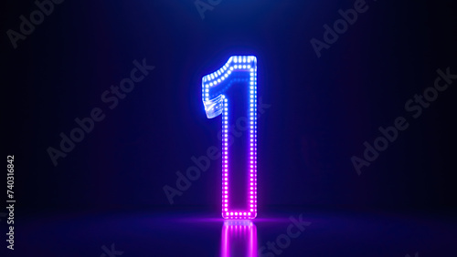 3d render, abstract number one glowing in the dark with pink blue neon light. Digital symbol 1