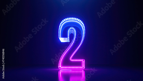 3d render, abstract number one glowing in the dark with pink blue neon light. Digital symbol 1