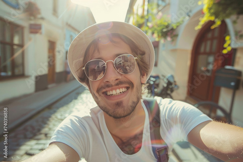 A happy guy is taking selfi...