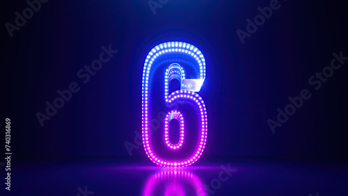 3d render, abstract number six glowing in the dark with pink blue neon light. Digital symbol 6