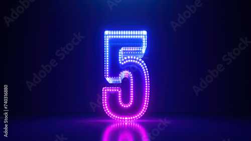 3d render, abstract number three glowing in the dark with pink blue neon light. Digital symbol 3