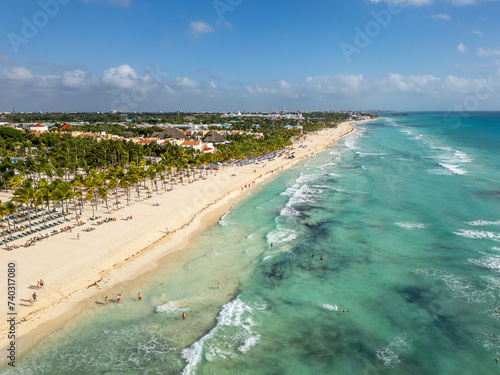 Mexico - Playa del Carmen - Amazing white sandy beach with luxury hotels from aerial view photo