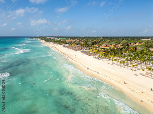 Mexico - Playa del Carmen - Amazing white sandy beach with luxury hotels from aerial view
