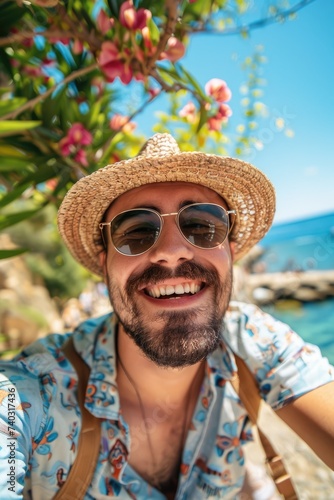 A happy guy is taking selfi...