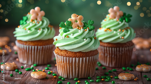 Happy St. Paddy's Day. St. Patrick's day banner with green cupcakes. shamrock decoration, gold coins, glitter