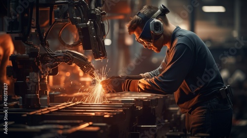 Man Working on a Piece of Metal in a Factory