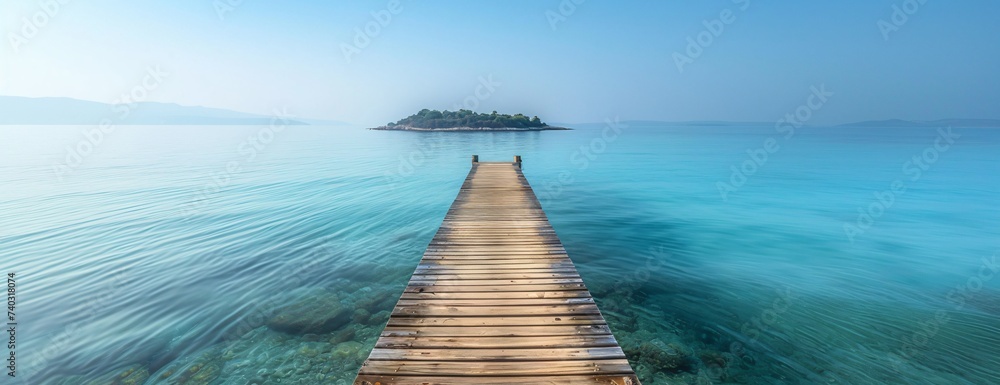 Jetty leading to an islet crystal clear waters and cloudless sky - obrazy, fototapety, plakaty 