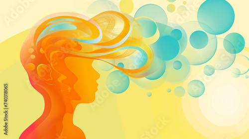 Abstract Woman s head in profile with flowing hair and bubbles swirling around her in orange  blue and yellow colors