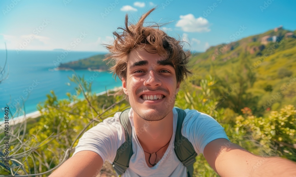 A happy guy is taking selfie on a summer vacation A happy guy is taking selfie on a summer vacation