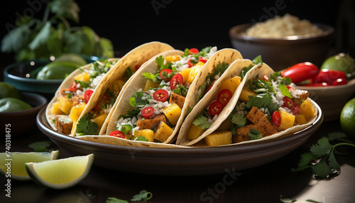 Freshness on a plate Taco with guacamole, beef, and cilantro generated by AI