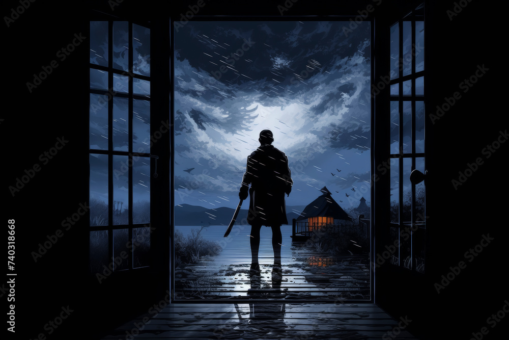 Mysterious Silhouette with Axe in Rainy Doorway - obrazy, fototapety, plakaty 