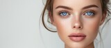 Mesmerizing woman showcasing blue eyes and vibrant pink lips - beauty and elegance concept
