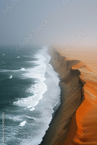Desert dunes meet ocean mist over shoreline, creating surreal landscape