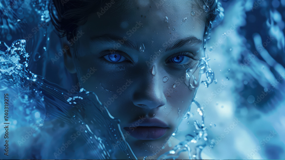 Portrait of a young woman with blue eyes inside pool, lake, water with bubbles. Concept of make-up, cosmetics, skin care, beauty, anti aging. Copy space for text, message, advertising