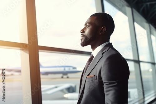 Pensive African American businessman looking out at the runway, contemplating his journey. Thoughtful Businessman Gazing at Airport Runway photo