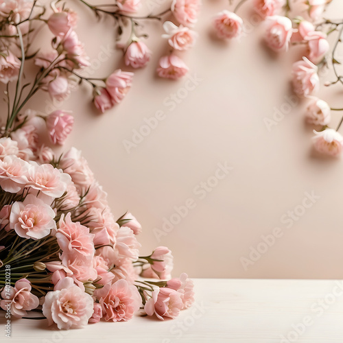 Beautiful bouquet of pink flowers on pastel beige background, space for text