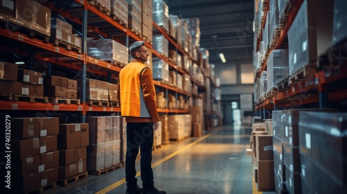 Man Standing in Warehouse Surrounded by Boxes