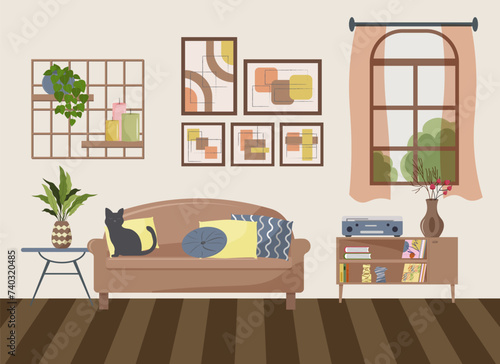 Living room interior with window. Sofa and table, paintings on the wall. Shelves for accessories and flowers. Cabinet with record player. Cat sitting on a sofa with pillows. Vector flat illustration. 