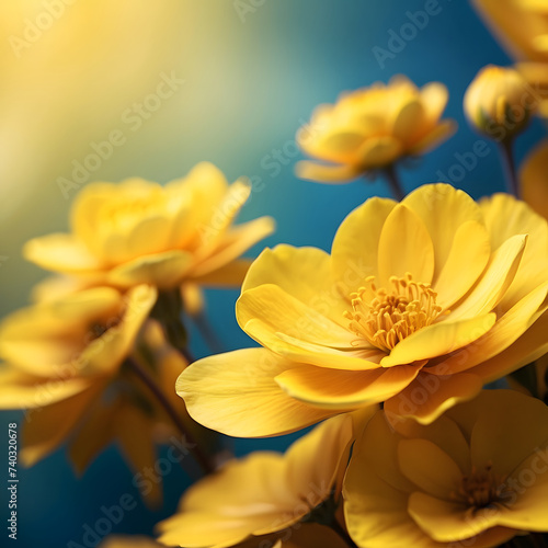 Beautiful yellow flowers on a blue background. Floral background.