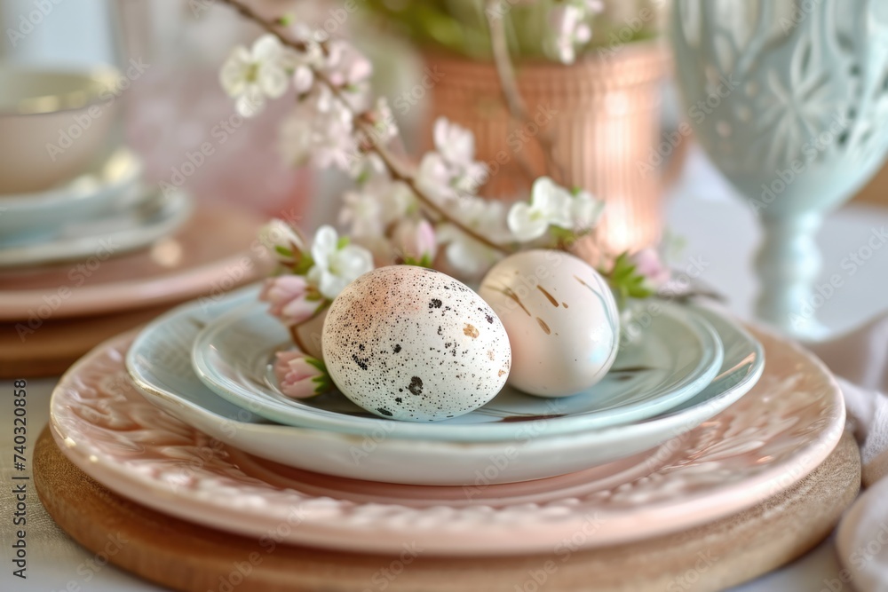 A delicate composition of speckled Easter eggs in soft pastel hues presented on vintage pastel plates, adorned with gentle spring blooms A delicate composition of speckled Easter eggs in soft pastel hues presented on vintage pastel plates, adorned with gentle spring blooms