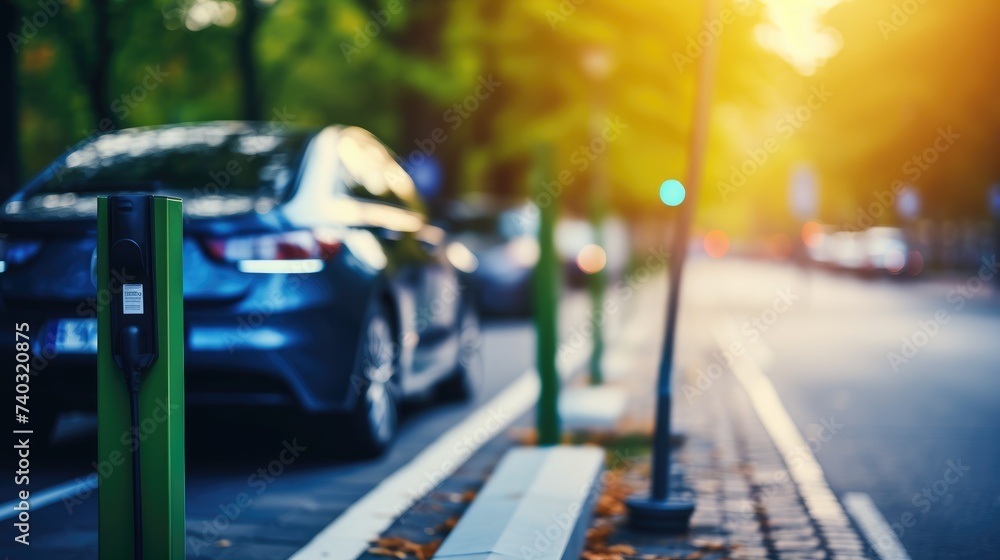 Fototapeta premium energizing sustainability: the electric green and eco-friendly car revolution, showcasing efficient battery charging and embracing eco-conscious driving for a greener and cleaner automotive future