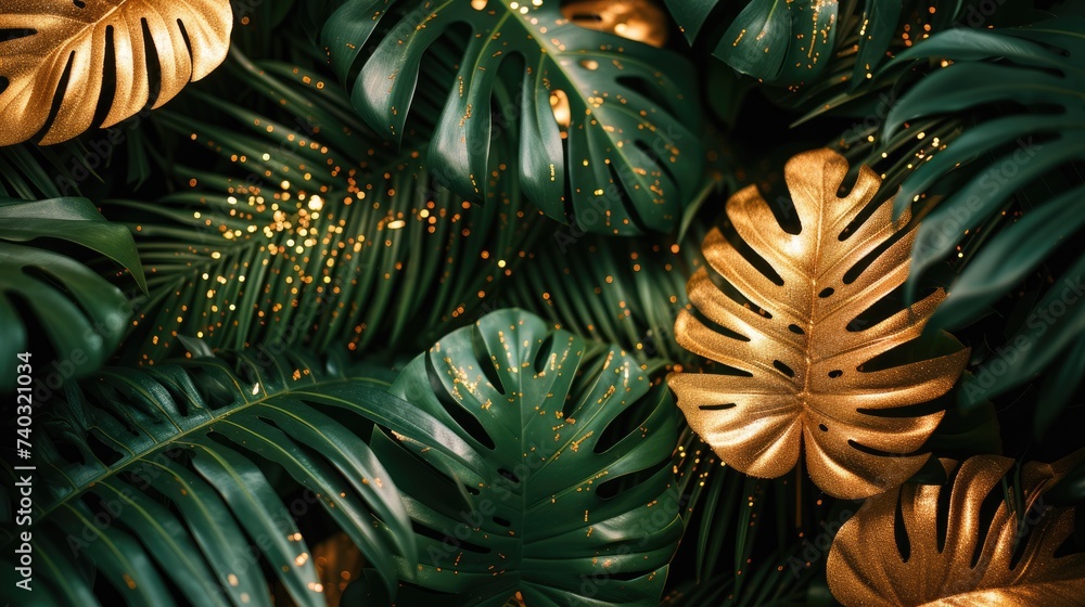 Obraz premium Lush tropical greenery with shimmering golden accents and soft bokeh lights create a magical and luxurious jungle ambiance..