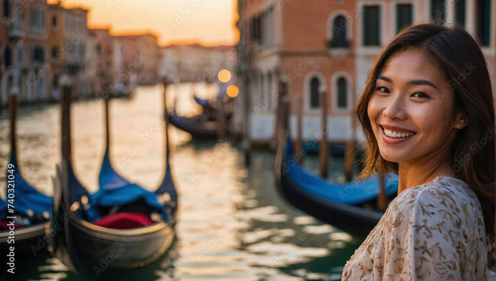 Bella donna di origini asiatiche in vacanza in Italia a Venezia posa per una foto al tramonto vicino ad un canale