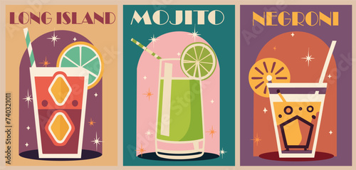 Cocktails retro poster set. Mojito, Long Island, Negroni. Collection of popular alcohol drinks. Vintage style flat vector illustrations for bar, pub, restaurant decoration, kitchen wall art print.