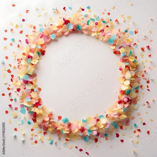 Colorful confetti on white background. Flat lay, top view